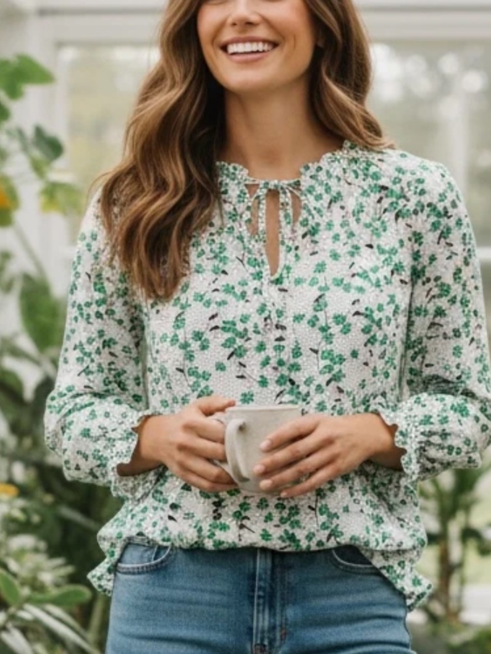 Loft Shirt - white w/green & black floral babydoll top